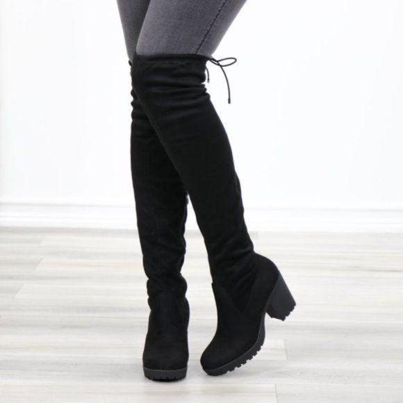 Lug Chunky Heel BlackThigh High Suede Boots - Picture 15 of 15